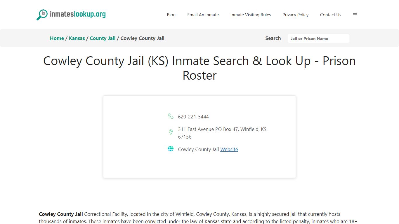 Cowley County Jail (KS) Inmate Search & Look Up - Prison Roster